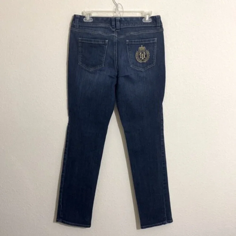 TOMMY HILFIGER Spirit Mid Rise & Skinny Leg Blue Jeans w Gold Embroidery Size 8